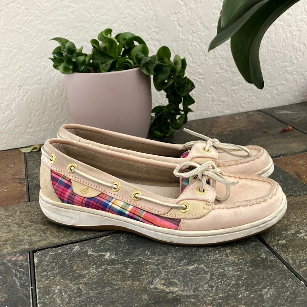 Sperry Women's Angelfish boat shoes size 6‎ 1/2 Pink Plaid Loafers used
